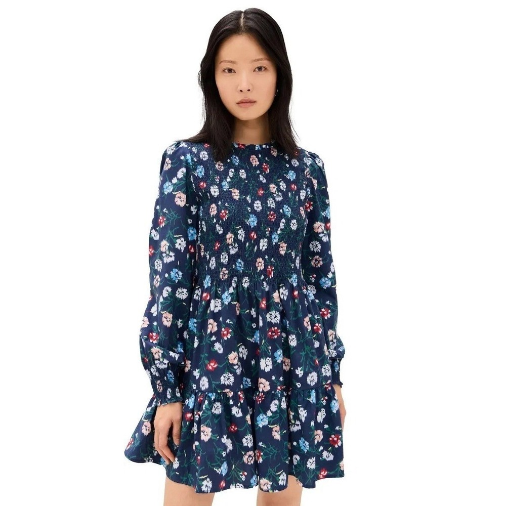 Floral Long-Sleeve Smocked Mini Dress - Navy